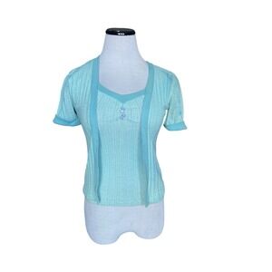 Vintage Soft Girl Coquette Ribbed Knit Layered Look Top Size M Blue Bow Buttons